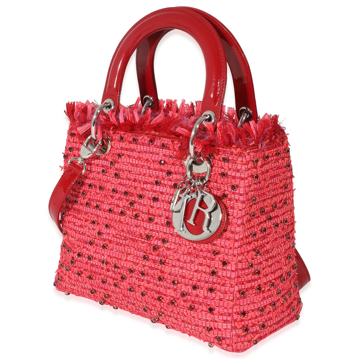 Christian Dior Pink Red Tweed Fringe Medium Lady Dior