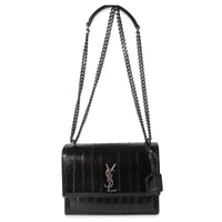 Saint Laurent Black Glossy Eelskin Medium Monogram Sunset Bag