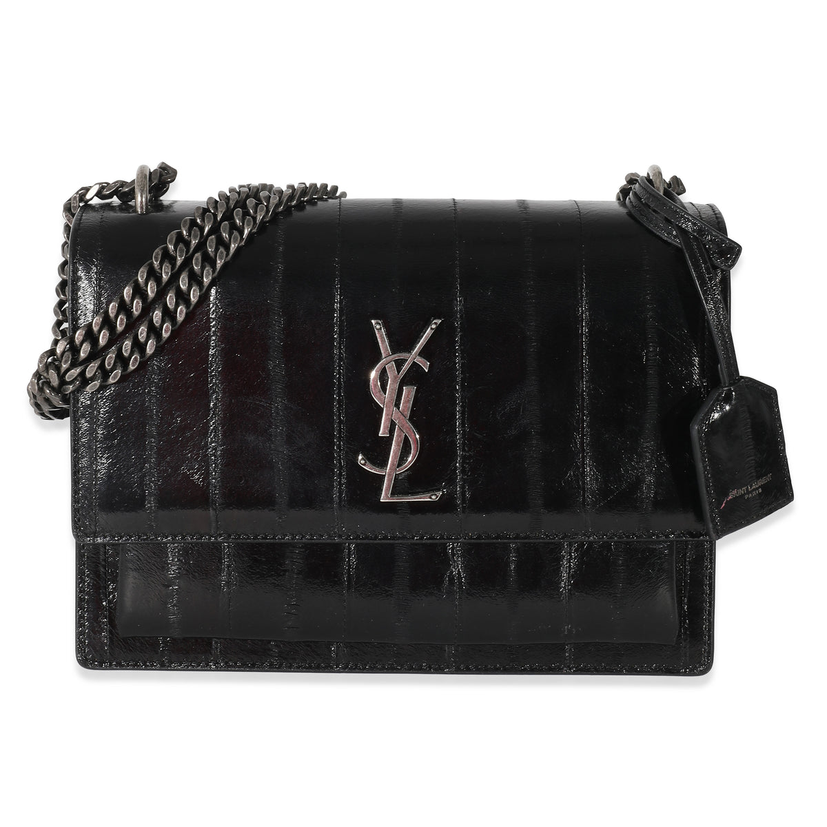 Saint Laurent Black Glossy Eelskin Medium Monogram Sunset Bag