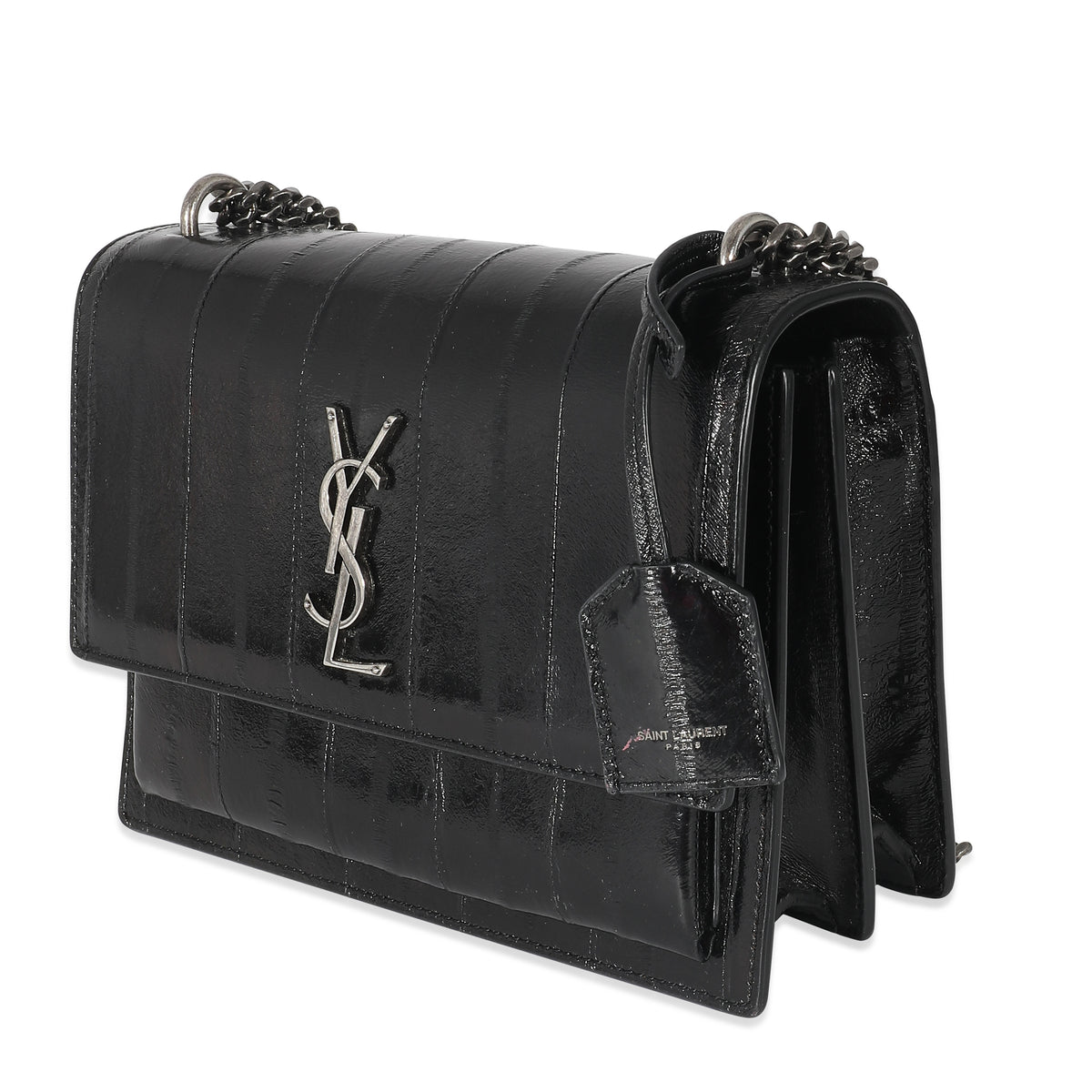 Saint Laurent Black Glossy Eelskin Medium Monogram Sunset Bag