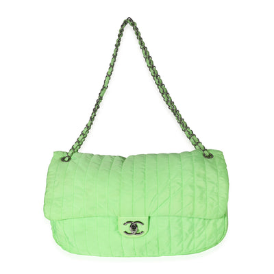 Chanel Neon Green Nylon Vertical Stretch Soft Shell Maxi Flap