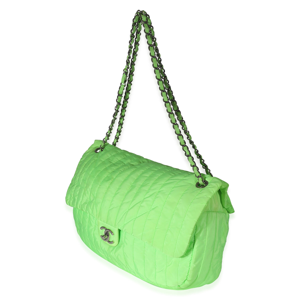 Chanel Neon Green Nylon Vertical Stretch Soft Shell Maxi Flap