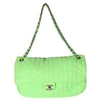 Chanel Neon Green Nylon Vertical Stretch Soft Shell Maxi Flap