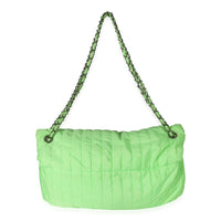 Chanel Neon Green Nylon Vertical Stretch Soft Shell Maxi Flap