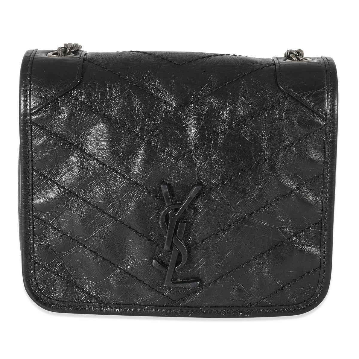 Saint laurent Black Crinkled Calfskin Matelasse Monogram Mini Nicki Chain Wallet