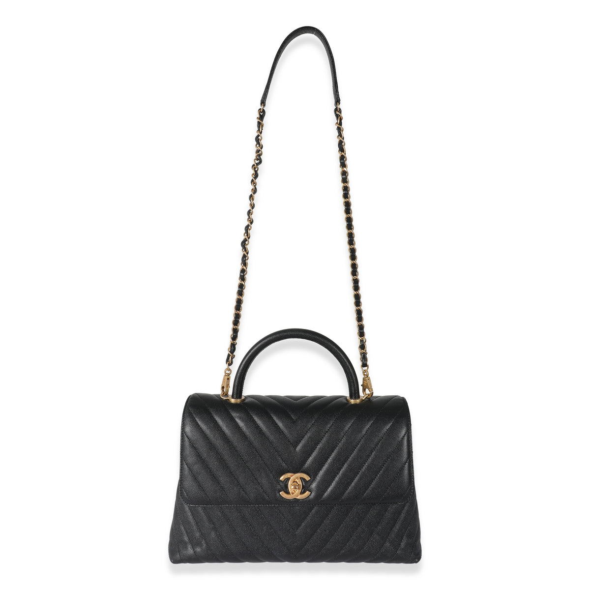 Chanel Black Chevron Caviar Coco Top Handle Bag