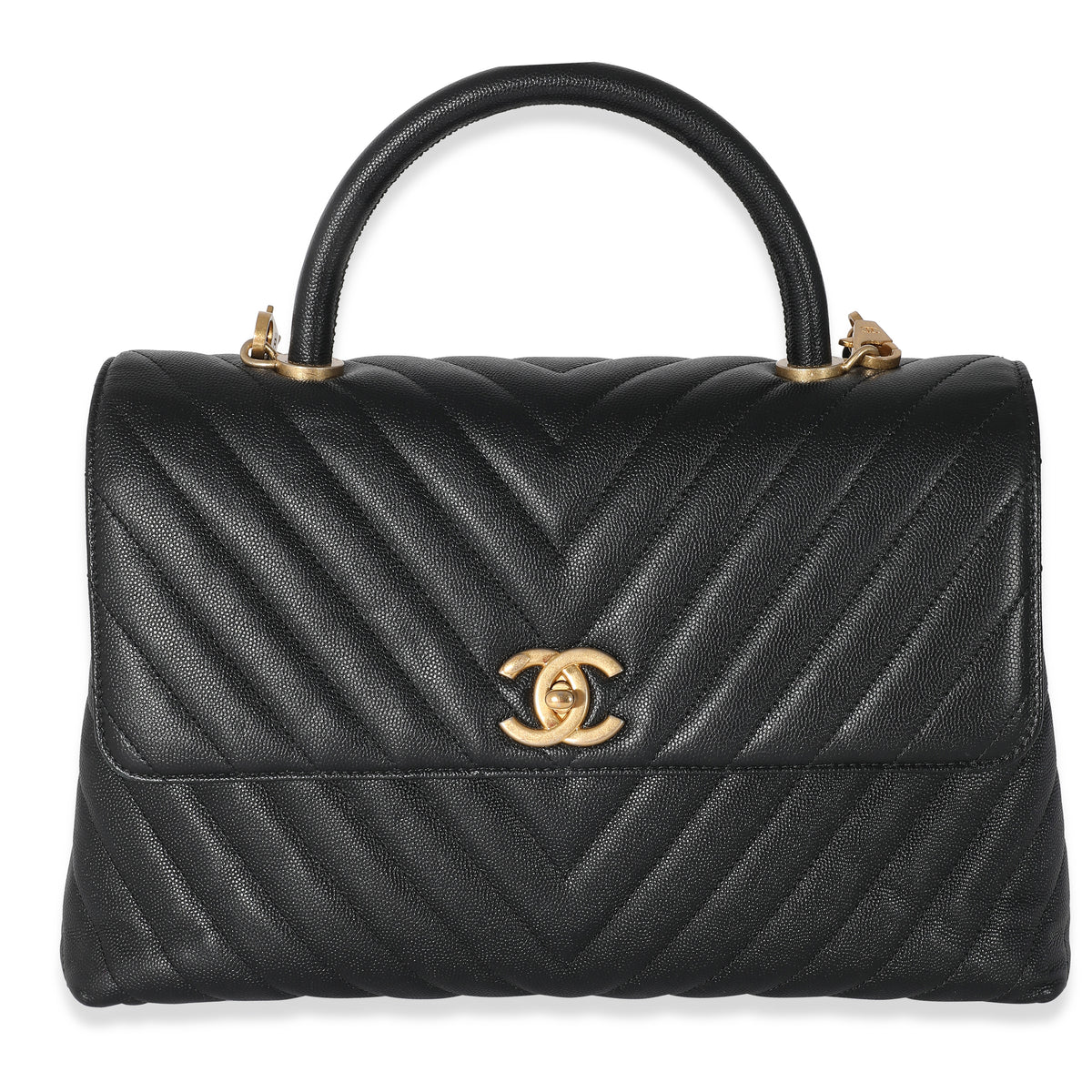 Chanel Black Chevron Caviar Coco Top Handle Bag