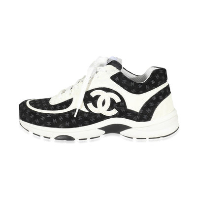 Chanel 22A Black White Printed Suede Calfskin CC All Over Sneaker 44 