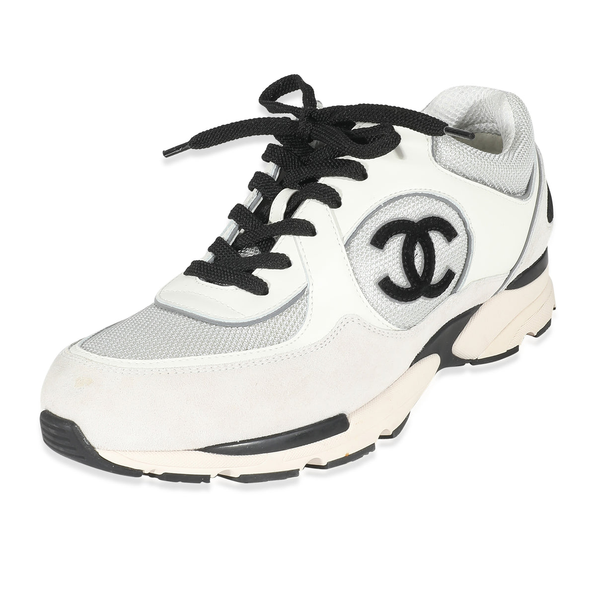 Chanel Light Grey White Mesh Suede Grained Calfskin CC Sneaker 43