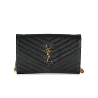 Saint Laurent Black Grain De Poudre Chevron Cassandre Chain Wallet