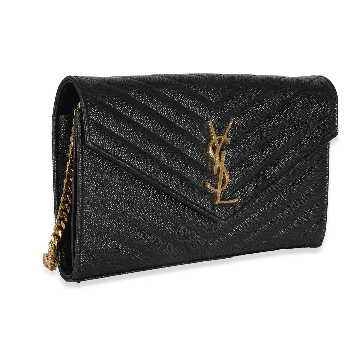 Saint Laurent Black Grain De Poudre Chevron Cassandre Chain Wallet