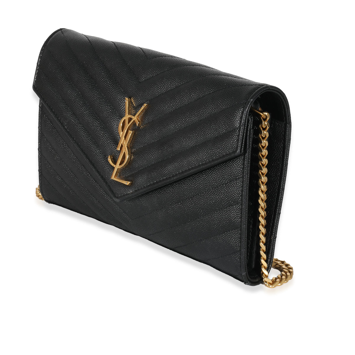 Saint Laurent Black Grain De Poudre Chevron Cassandre Chain Wallet