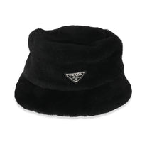 Prada Black Shearling Logo Bucket Hat L