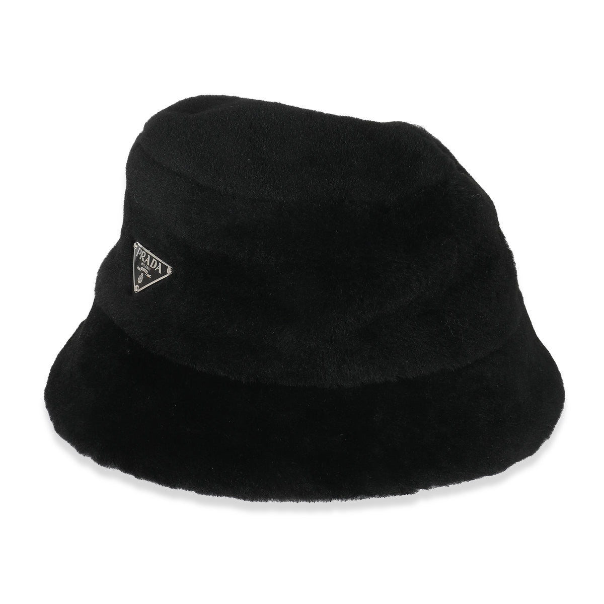 Prada Black Shearling Logo Bucket Hat L