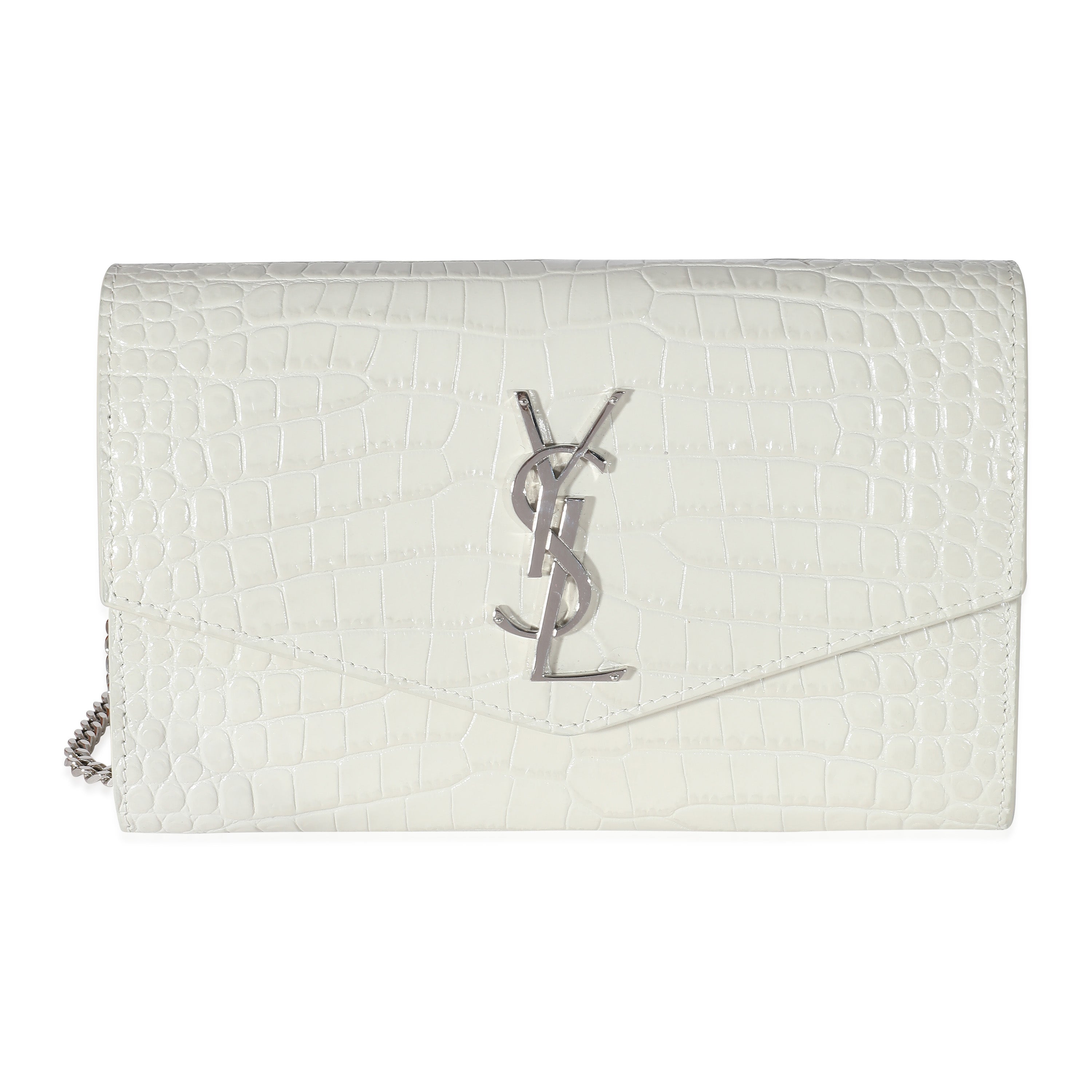 Saint Laurent Blanc Croc Embossed Uptown Chain Wallet | myGemma