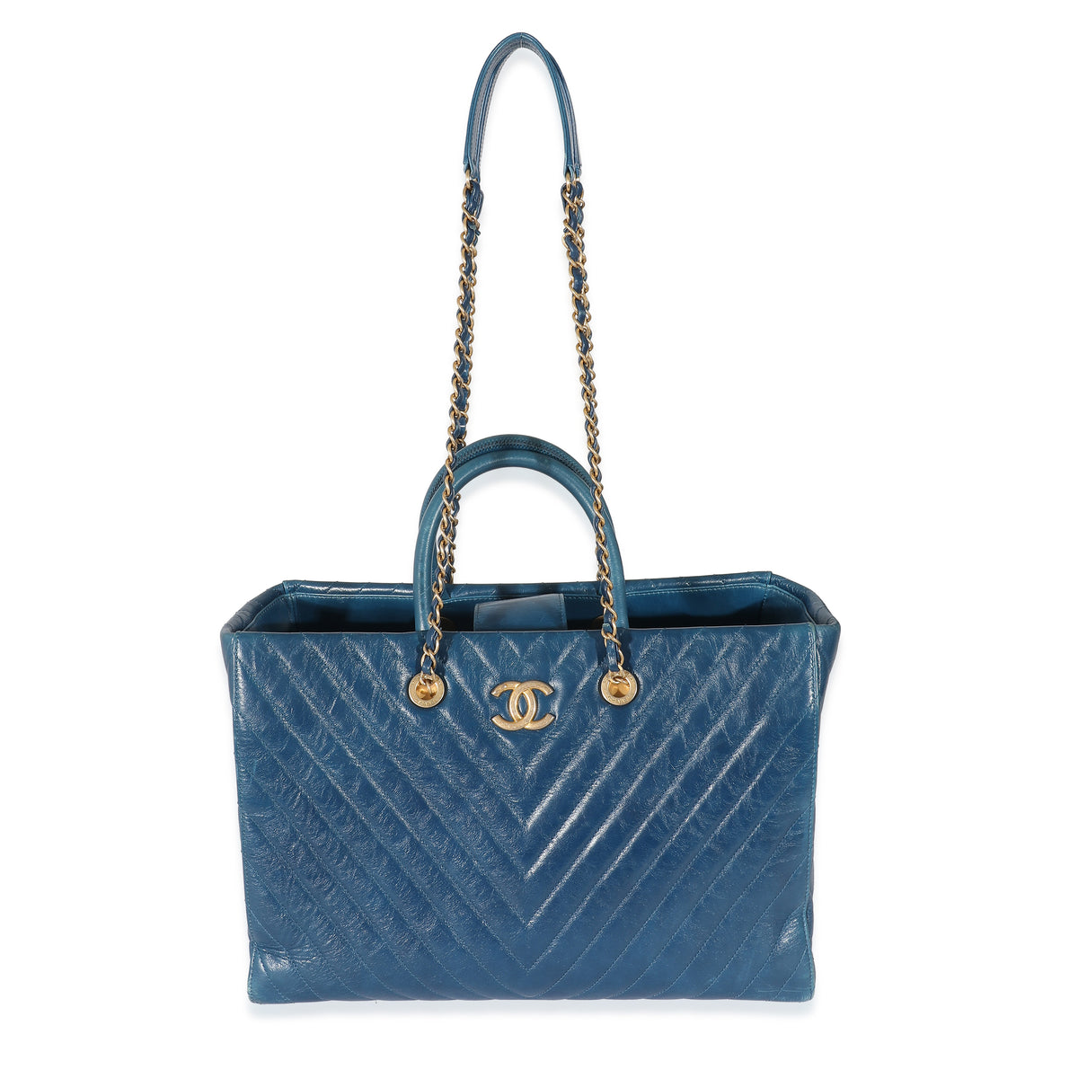 Chanel Blue Aged Calfskin Chevron Large Coco Handle Shopping Tote