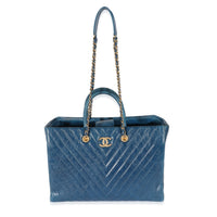 Chanel Blue Aged Calfskin Chevron Large Coco Handle Shopping Tote