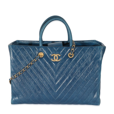 Chanel Blue Aged Calfskin Chevron Large Coco Handle Shopping Tote