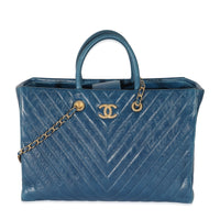 Chanel Blue Aged Calfskin Chevron Large Coco Handle Shopping Tote