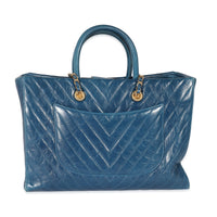 Chanel Blue Aged Calfskin Chevron Large Coco Handle Shopping Tote