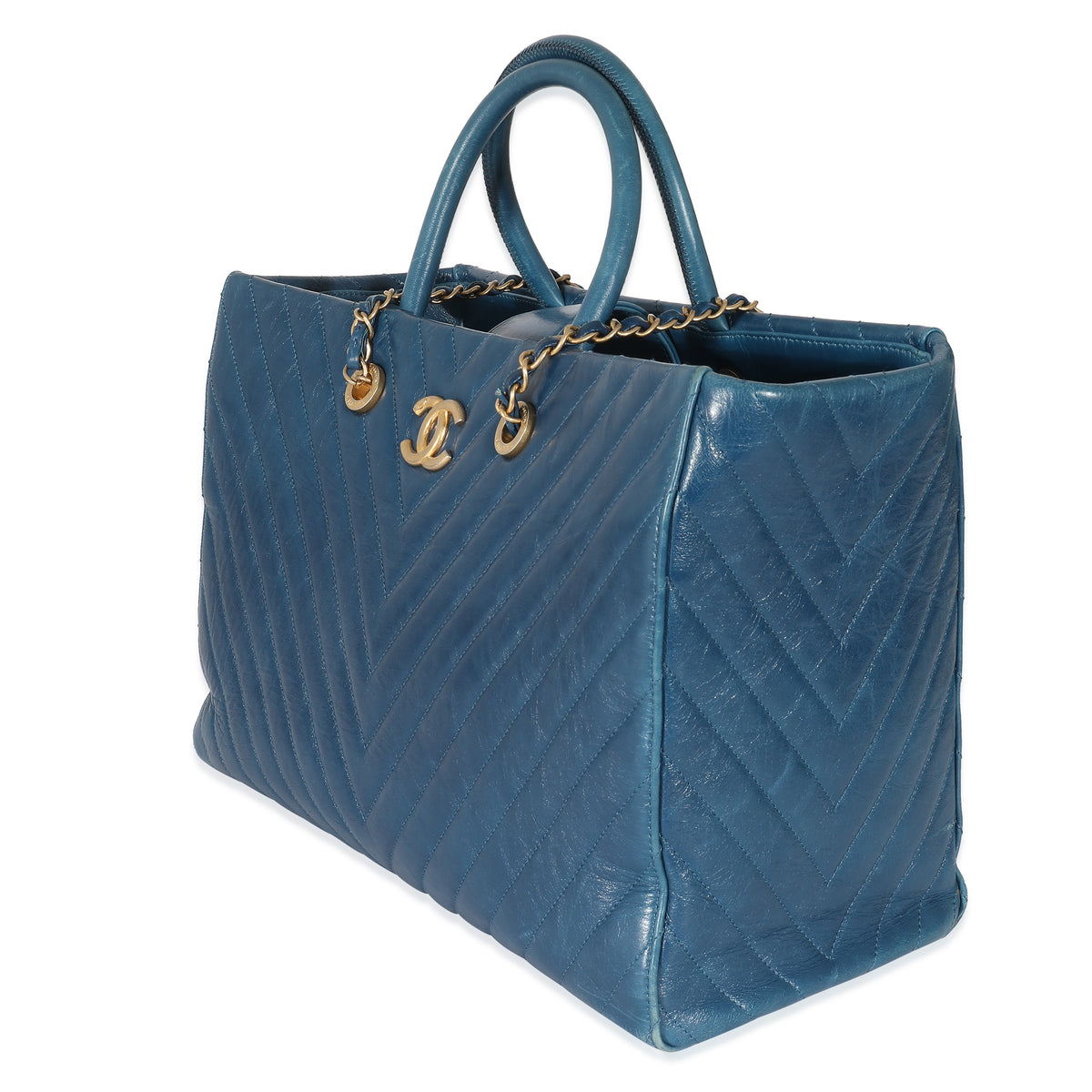 Chanel Blue Aged Calfskin Chevron Large Coco Handle Shopping Tote