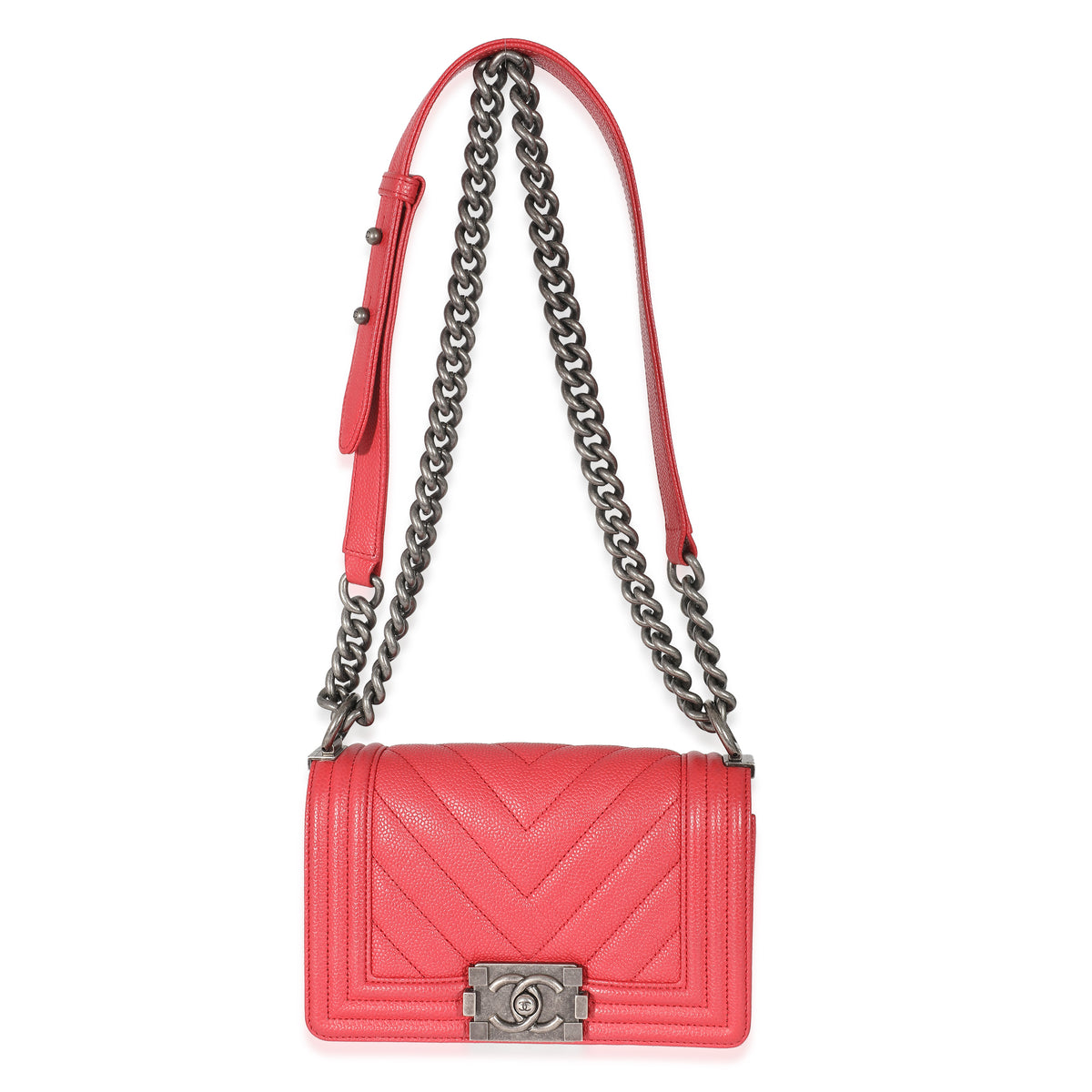 Chanel Red Caviar Chevron Small Boy Bag