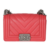 Chanel Red Caviar Chevron Small Boy Bag