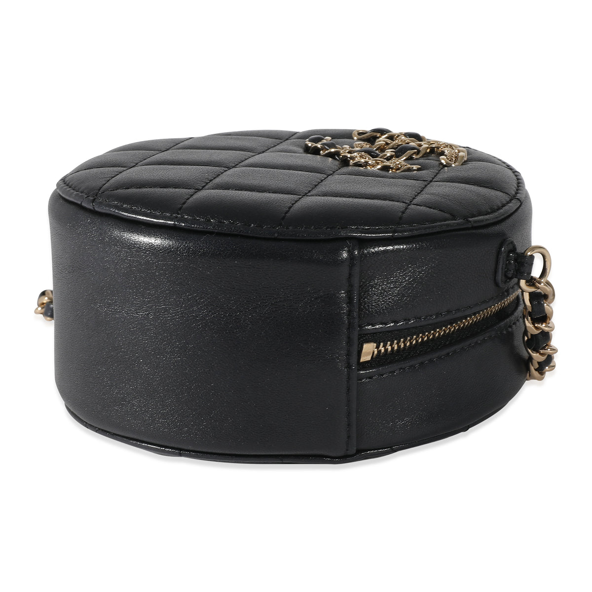 Chanel Navy Quilted Lambskin Woven CC Round Clutch With Chain