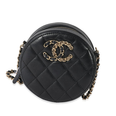 Chanel Navy Quilted Lambskin Woven CC Round Clutch With Chain