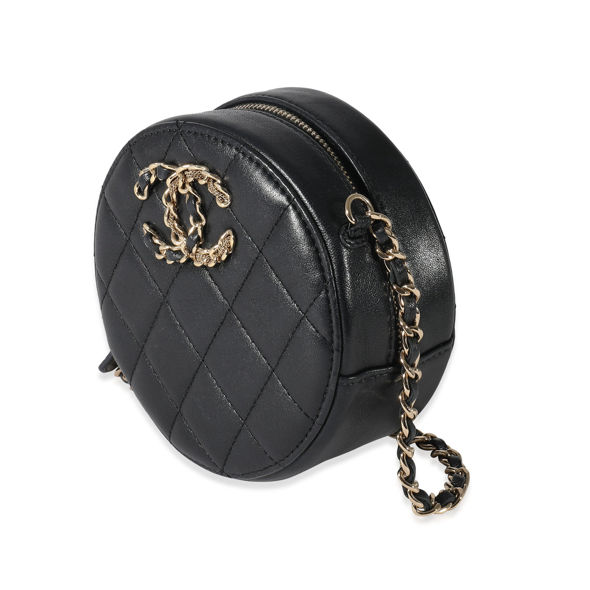 Chanel Navy Quilted Lambskin Woven CC Round Clutch With Chain