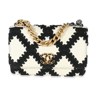 Chanel White Black Calfskin Crochet Chanel 19 Wallet On Chain