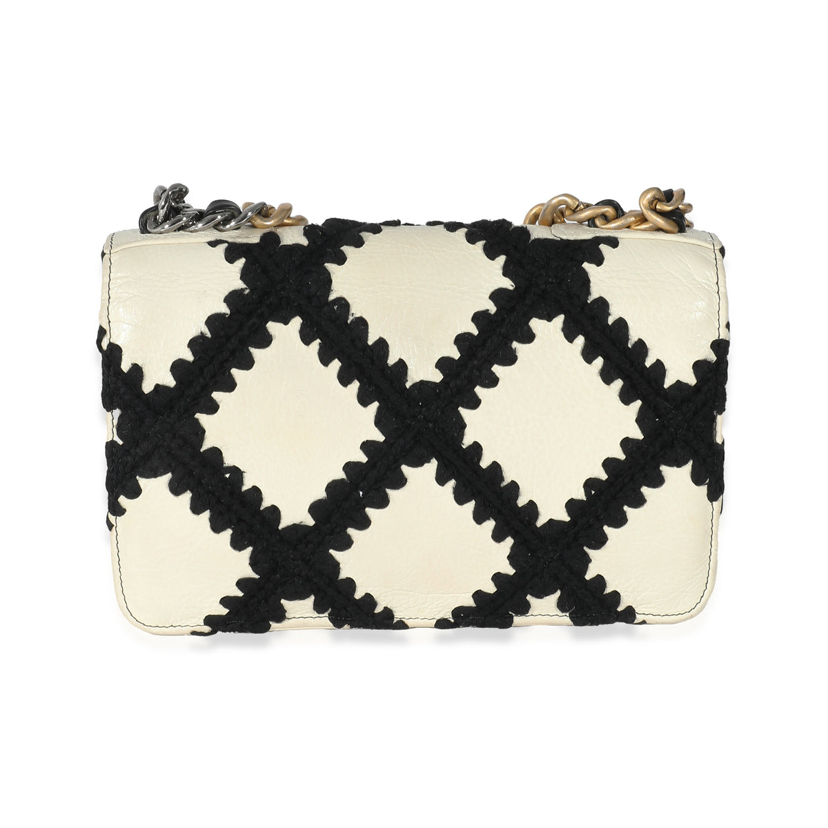 Chanel White Black Calfskin Crochet Chanel 19 Wallet On Chain