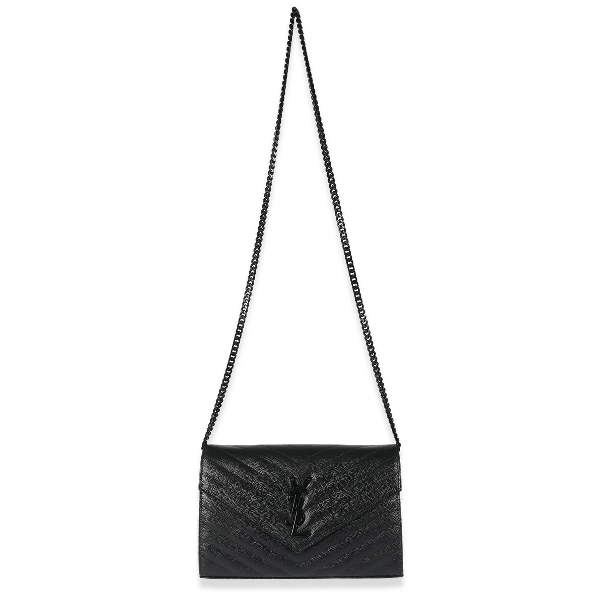 Saint Laurent Black Matelassé Grain De Poudre Cassandre Chain Wallet