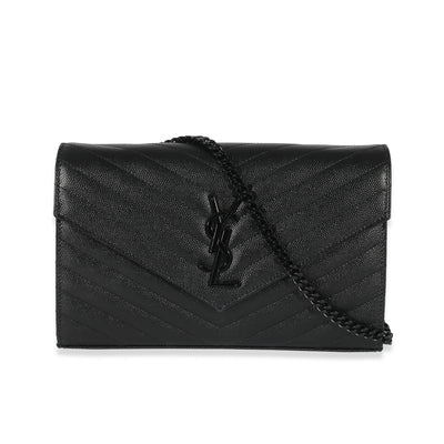 Saint Laurent Black Matelassé Grain De Poudre Cassandre Chain Wallet