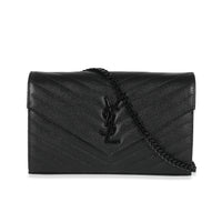 Saint Laurent Black Matelassé Grain De Poudre Cassandre Chain Wallet