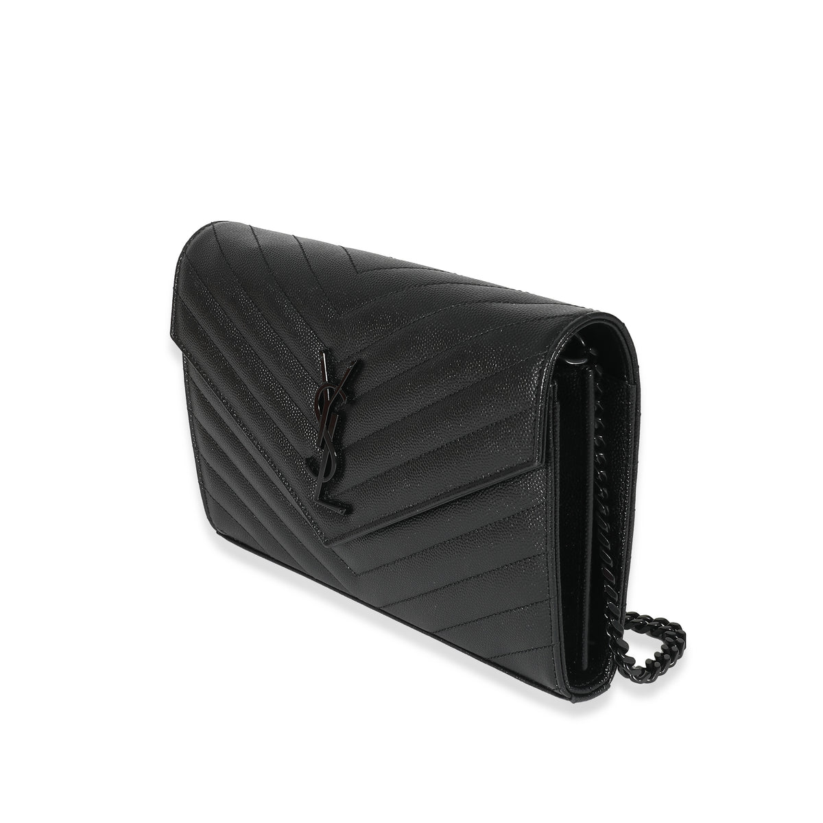 Saint Laurent Black Matelassé Grain De Poudre Cassandre Chain Wallet