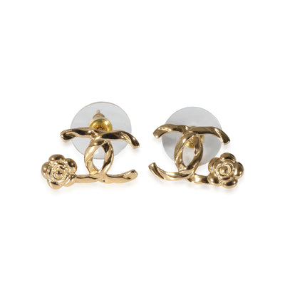 Chanel 2022 Camelia CC Stud Gold Tone Earrings