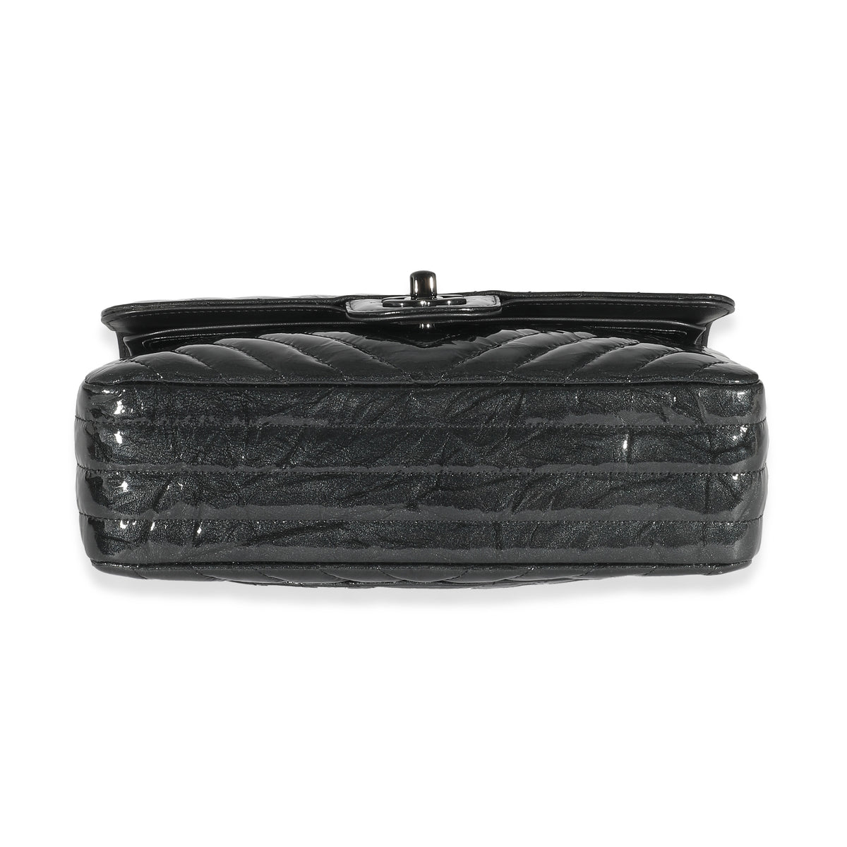 Chanel Metallic Black Chevron Crumpled Patent Small Classic Double Flap Bag