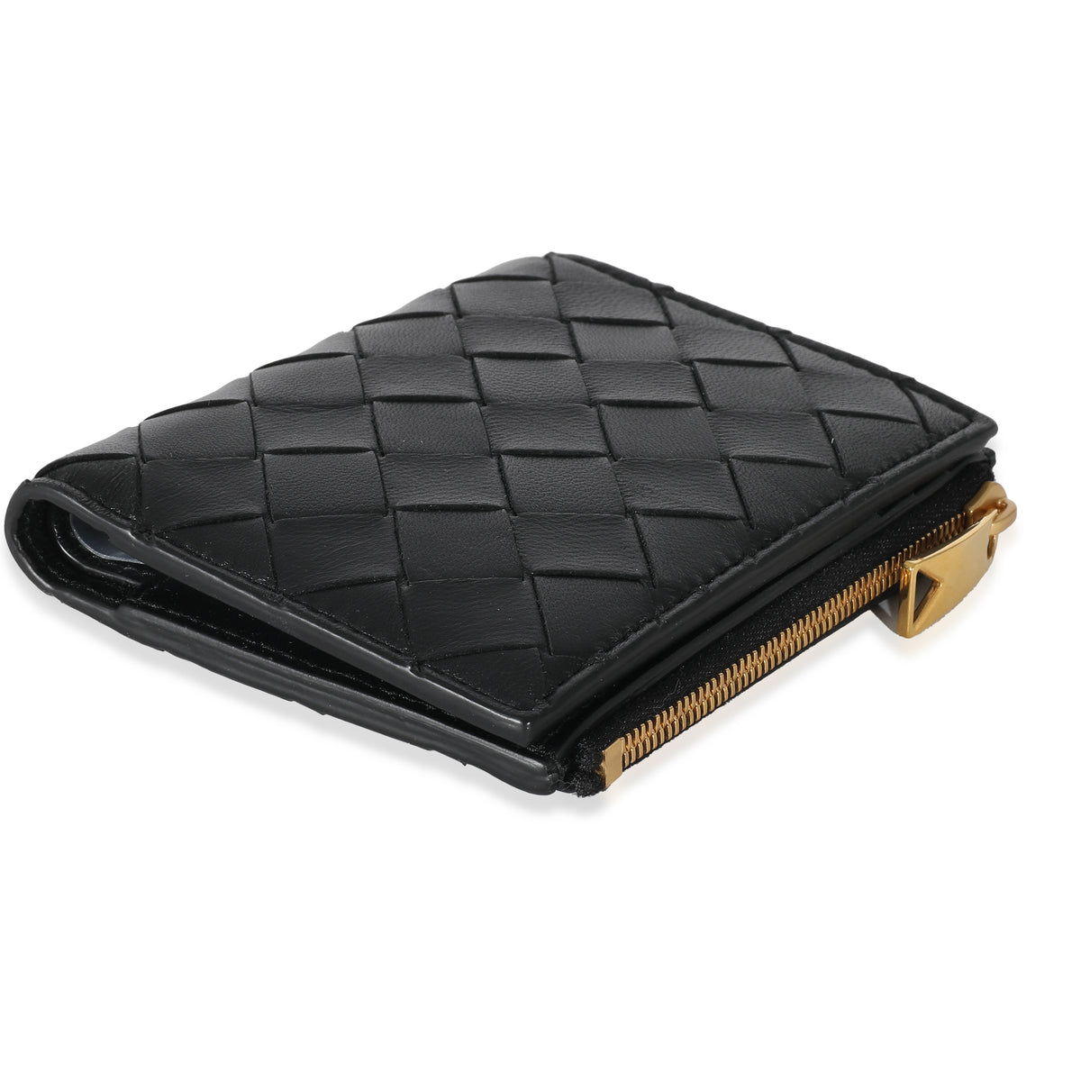 Bottega Veneta Black Intrecciato Lambskin Tri-Fold Zip Wallet