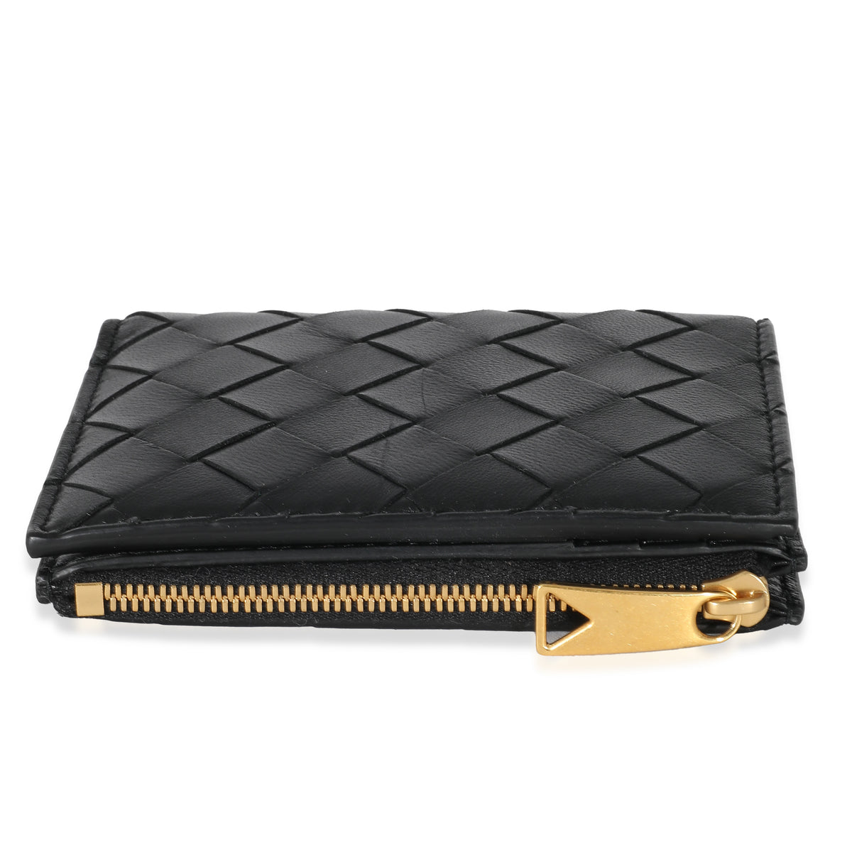 Bottega Veneta Black Intrecciato Lambskin Tri-Fold Zip Wallet