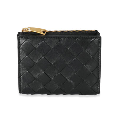 Bottega Veneta Black Intrecciato Lambskin Tri-Fold Zip Wallet