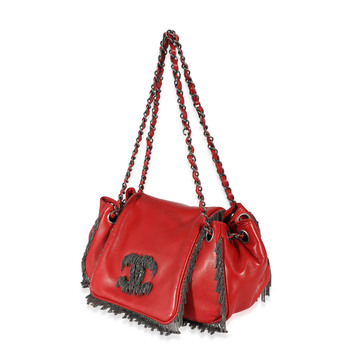 Chanel Red Lambskin Chain Fringe Accordion Flap Bag