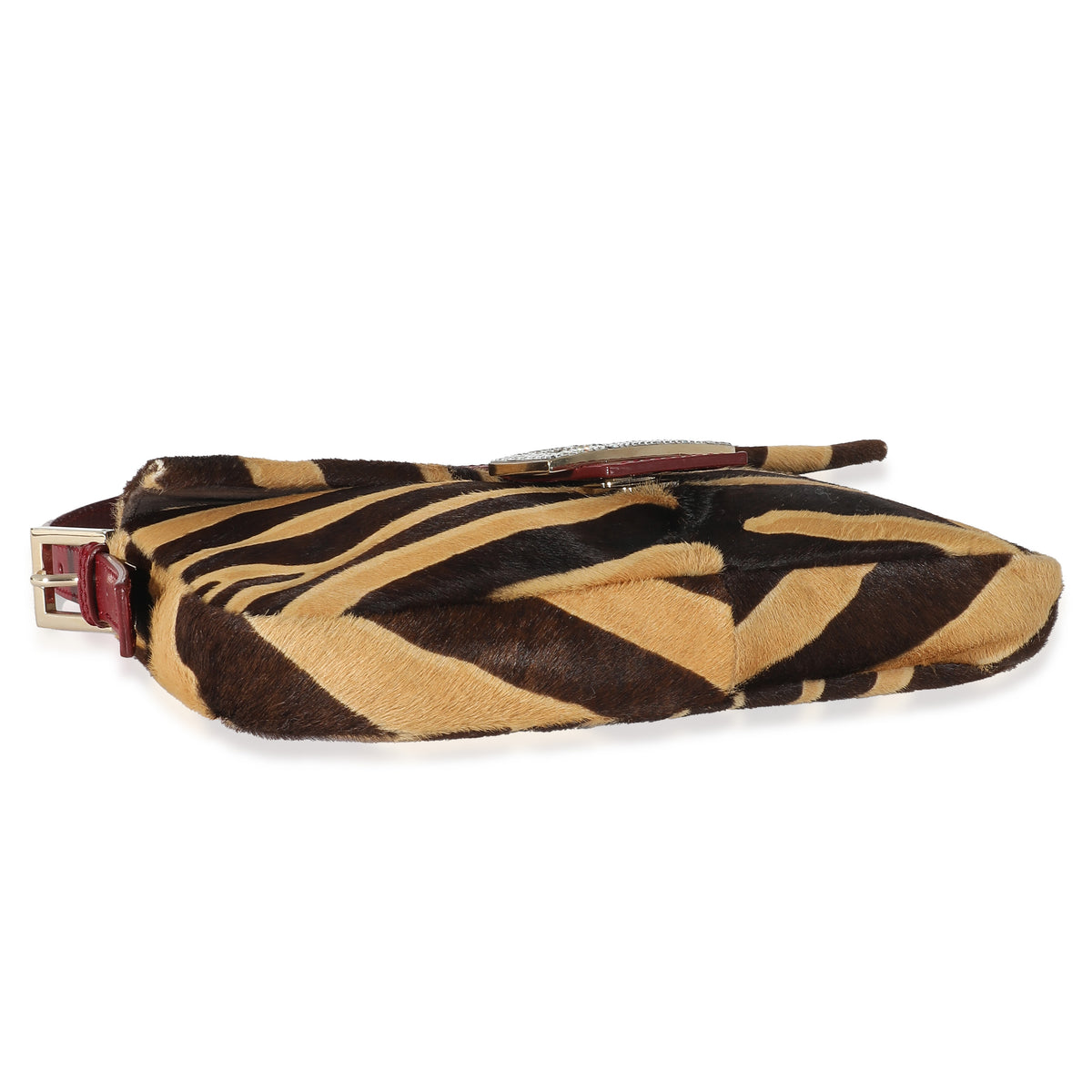 Fendi Brown Beige Zebra Pony Hair Crystal Baguette Bag