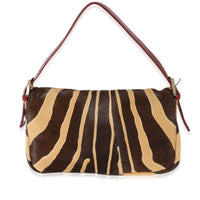 Fendi Brown Beige Zebra Pony Hair Crystal Baguette Bag