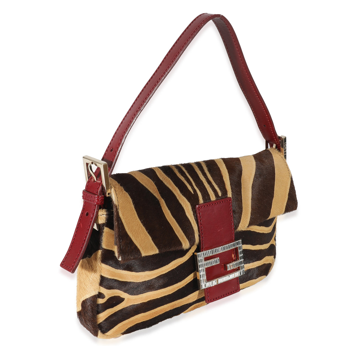 Fendi Brown Beige Zebra Pony Hair Crystal Baguette Bag