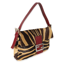 Fendi Brown Beige Zebra Pony Hair Crystal Baguette Bag