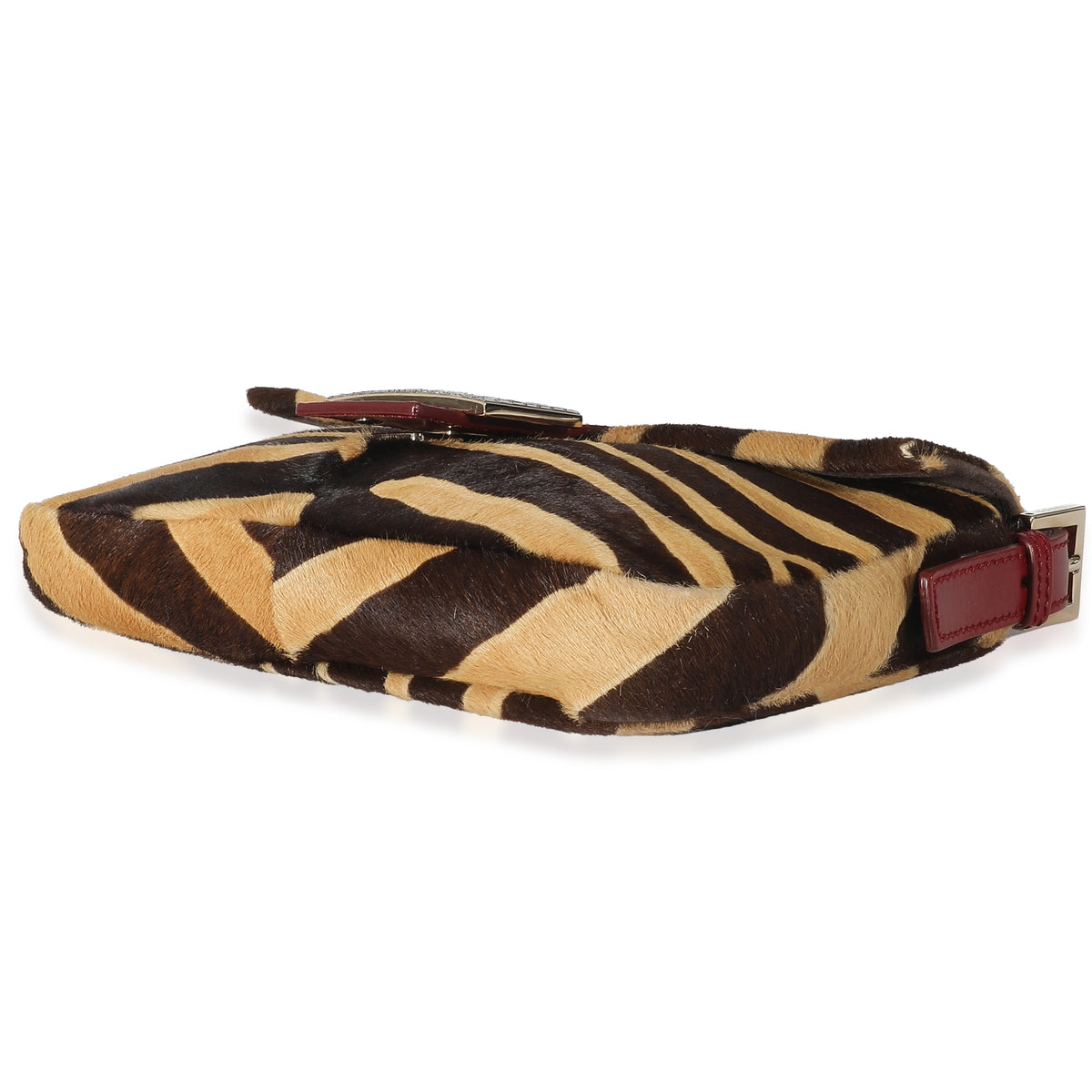 Fendi Brown Beige Zebra Pony Hair Crystal Baguette Bag