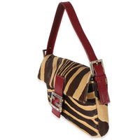 Fendi Brown Beige Zebra Pony Hair Crystal Baguette Bag