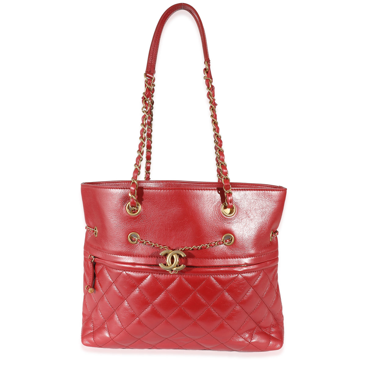 Chanel Metallic Red Quilted Calfskin CC Drawstring Tote