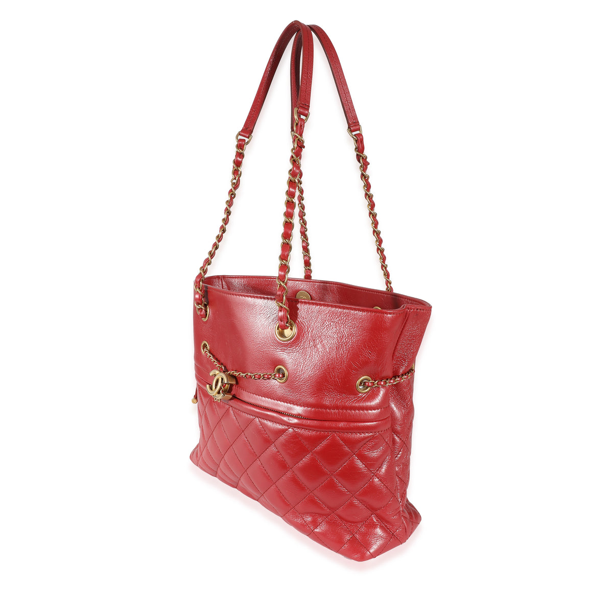 Chanel Metallic Red Quilted Calfskin CC Drawstring Tote